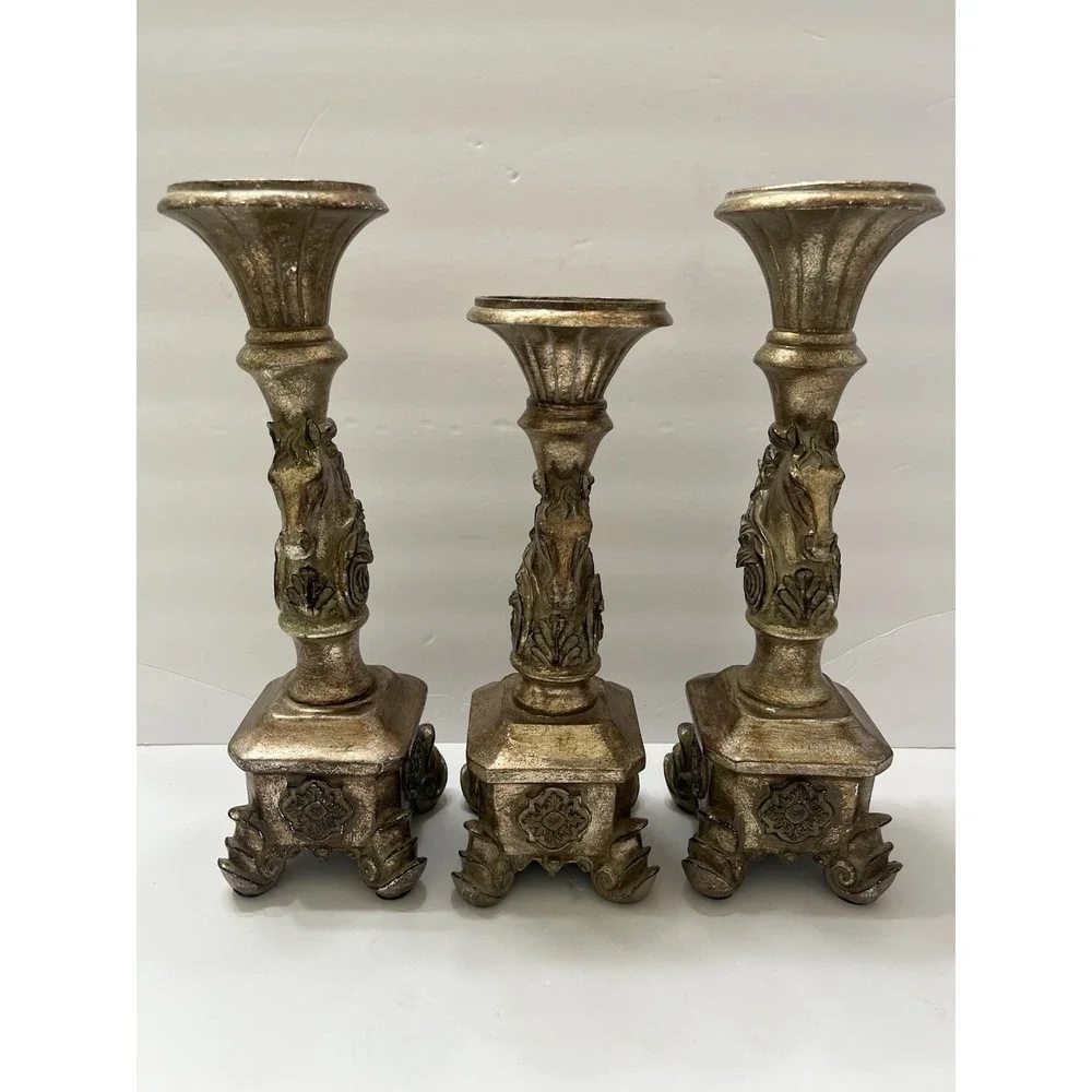 Antique-Style Candle Holders Gold-Gilt Horse Head Bust Pedestal Base Set Of 3